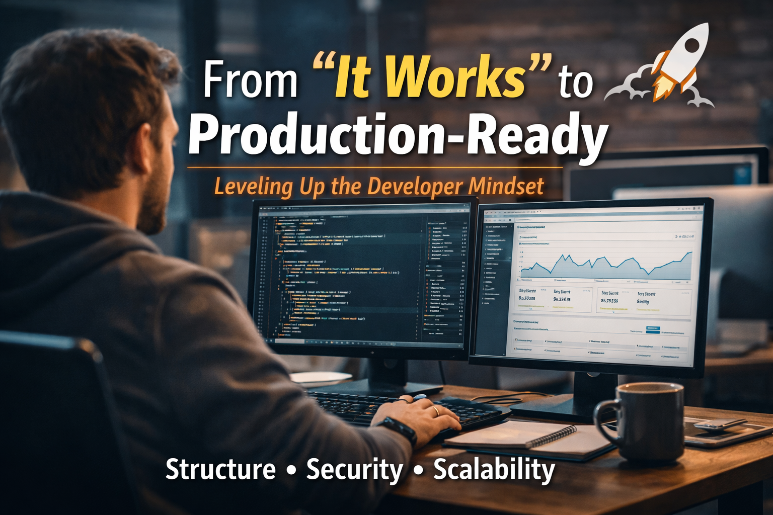 A developer reviewing code on multiple screens, symbolizing growth and refinement.