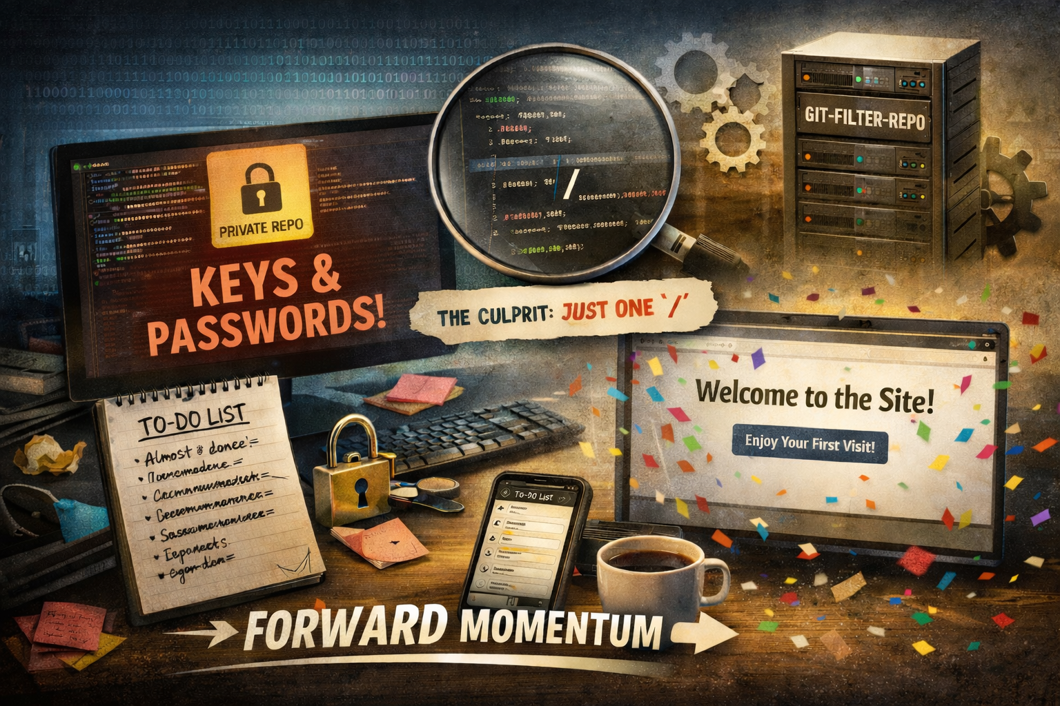 Illustration of a web developer's desk showing code, keys and passwords, a private repository lock, a magnified slash bug, a shrinking to-do list, and a website welcome screen with confetti, symbolizing debugging, security lessons, and forward momentum.