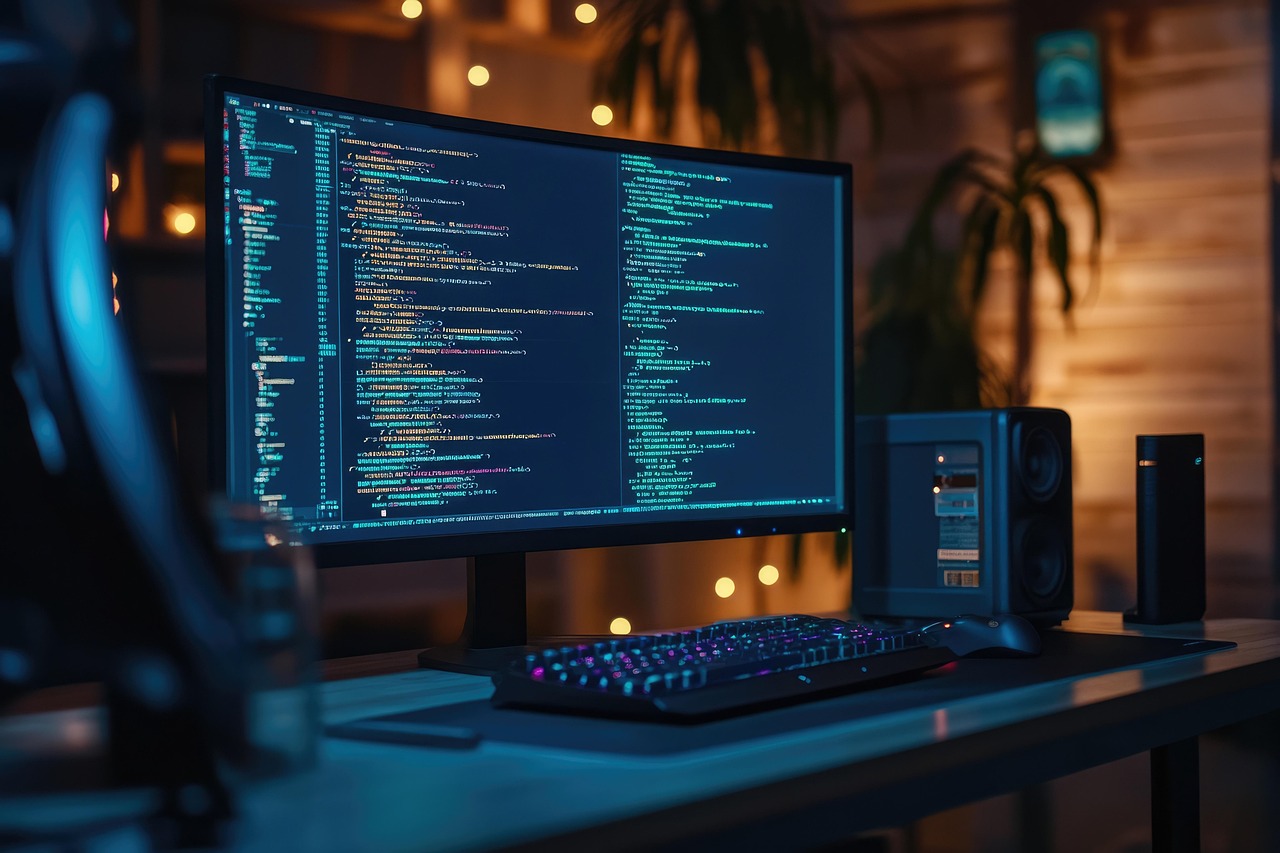 Computer screen showing code editor on a desk
